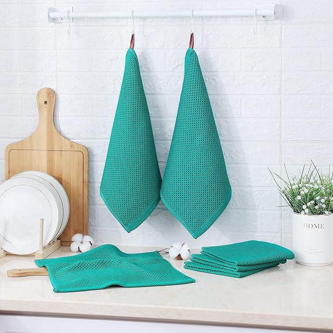 Kitinjoy 100% Cotton Kitchen Dish Cloths (12 X 12 Inches, Teal), 6 Pack Waffle Weave Ultra Soft Absorbent Dish Towels for Drying Dishes Quick Drying Kitchen Towels Dish Rags