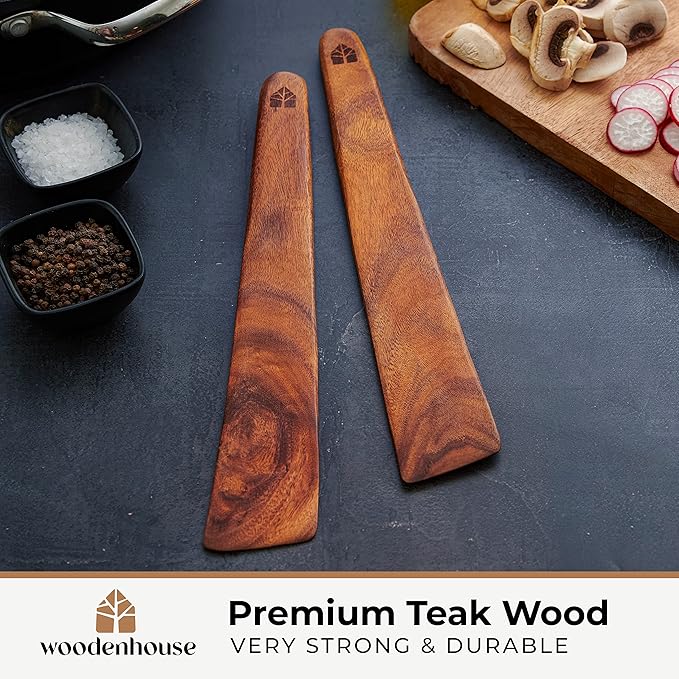 Wooden Spatula for Cooking Set of 2-12 Inch Teak Spatula for Non Stick Frying Pan - Turner & Flipper for Cast Iron, Egg & Pancake Scraper - BPA Free & Heat Resistant Wooden Cooking Utensils