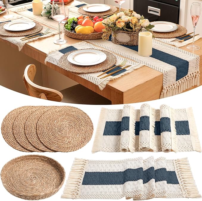 Boho Placemats 4/6/8 Set of Round Woven Placemat Macrame Style Bicolor Stitching Long Table Runner Farmhouse Rustic Natural Burlap Cotton for Kitchen Dining Table(4 Sets,Blue,12x72)