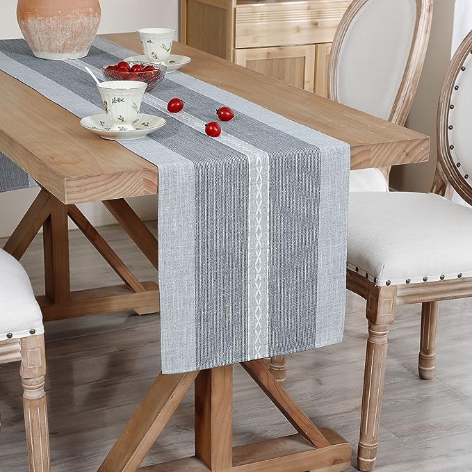 Farmhouse Braided Striped Table Runner Rustic Embroidery Coffee Table Runners for Decorations Weddings Holiday Grey 13x72inch