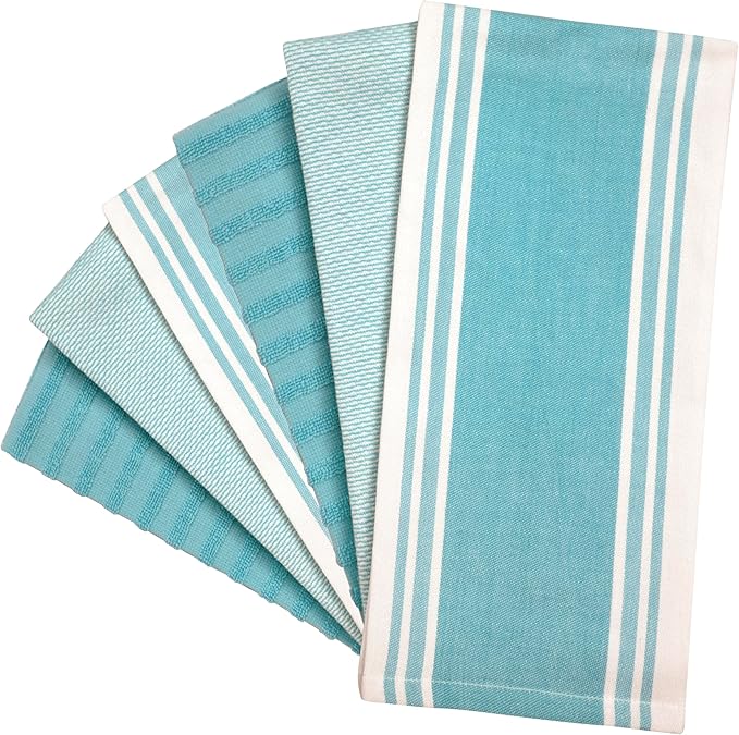 Premium Kitchen Towels (20”x 28”, 6 Pack) | Large Cotton Dish Towels | Flat & Terry Highly Absorbent Kitchen Linen Set with Hanging Loop | Wide Stripe Aqua