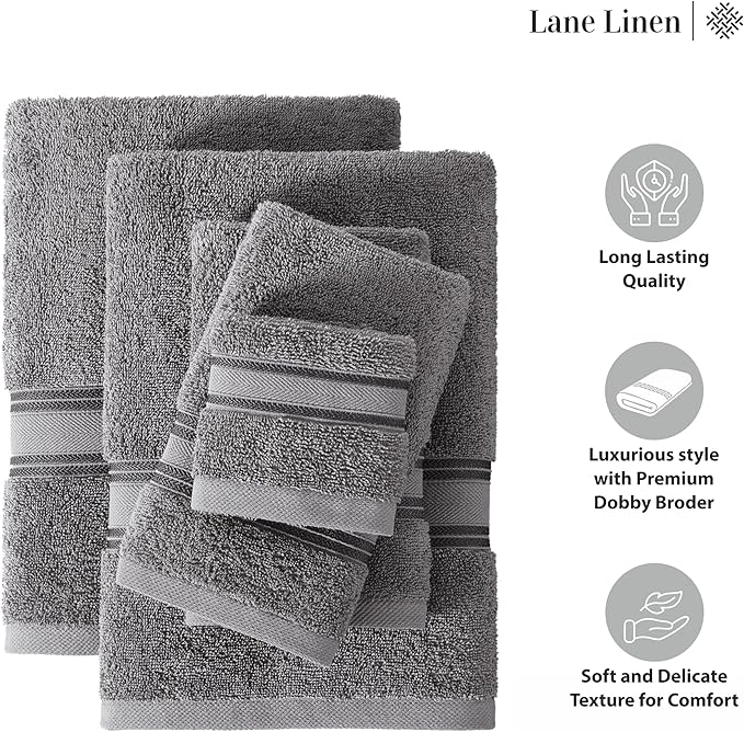 LANE LINEN Luxury Bath Towels Set - 3 Piece Set, 100% Cotton Bathroom Towels, Zero Twist, Quick Dry, Super Absorbent & Soft, 1 Bath Towel, 1 Hand Towel, 1 Wash Cloths - Cool Grey