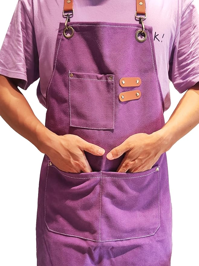 Chef Apron with Large Pockets for Women Men, Cotton Canvas Cross Back Water Repellent Adjustable Work Apron