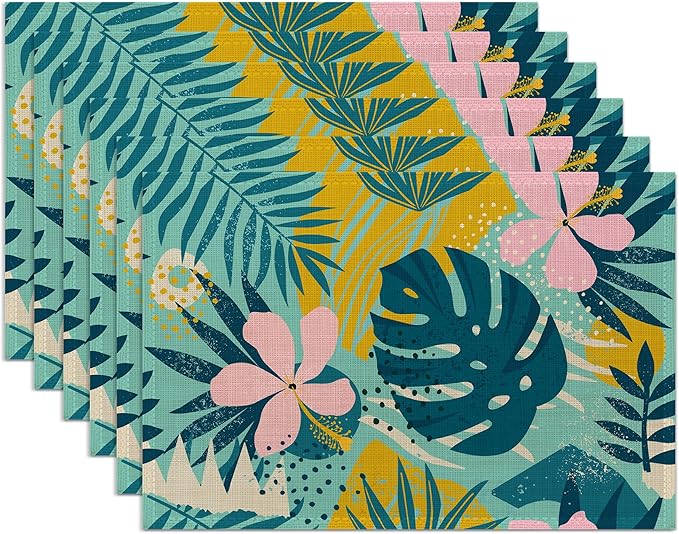 Tropical Leaves Placemats Set of 6,Washable Heat Resistant 12×18 Inch Linen Table Mats Summer Place Mats for Party Outdoor Dining Décor