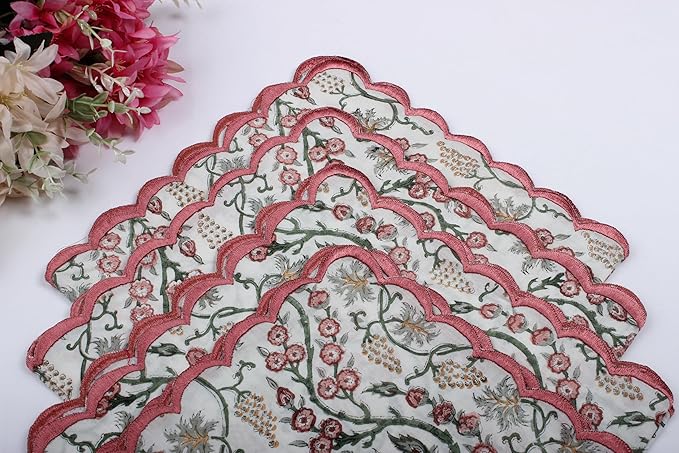 Ridhi Hand Block Print Coral Pink 18" x 18" (Set of 4) Embroidery Table Napkins Reusable Cotton Dinner Napkins for Weddings, Parties, Everyday Dining Gift for Spring, Easter, Valentine