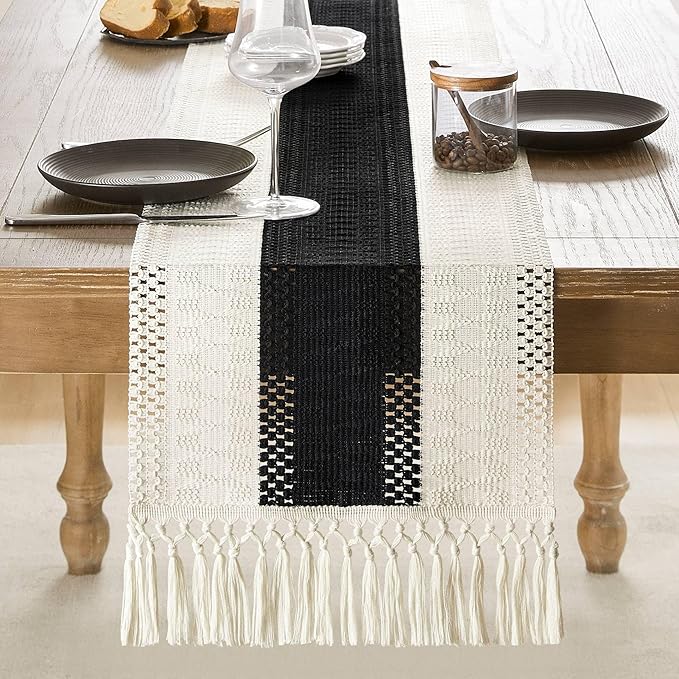 ZeeMart Macrame Style Bicolor Stitching Table Runner, 14 x 48 Inch Black/Ivory, Boho Black Table Runners 48 Inches Long, Farmhouse Woven Home Decor