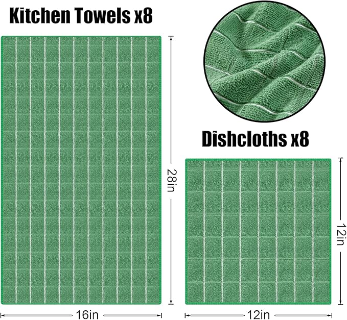 Homaxy Microfiber Kitchen Towels and Dishcloths Set, 12 Pack Soft and Absorbent Dish Hand Towels Bulk, 28 x 16 Inch & 12 x 12 Inch Quick Drying Rags for Washing Dishes, Grass Green