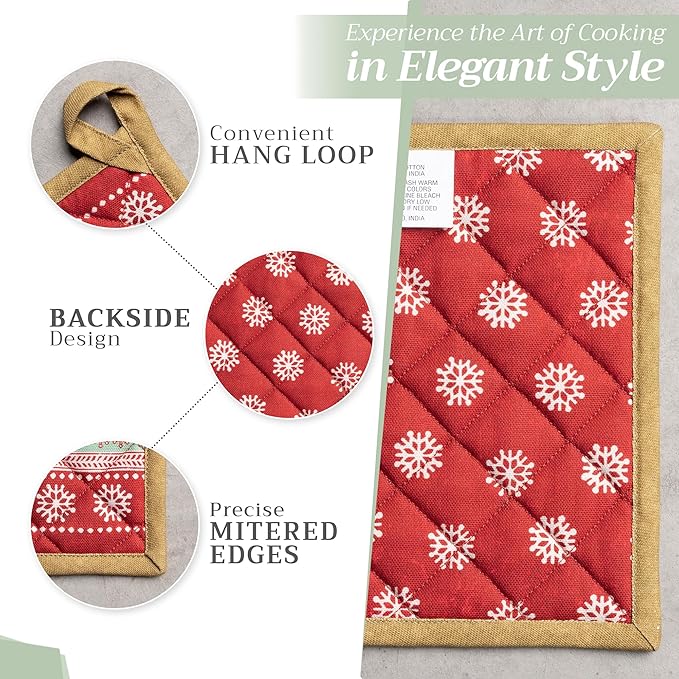 Maison d' Hermine 100% Cotton Oven Mitt & Pot Holder Set (7.5"x13" & 8"x8") Heat Resistant BBQ Cooking Gloves with Loop for Thanksgiving Christmas Decorations Handling Hot Pans (Sofia)