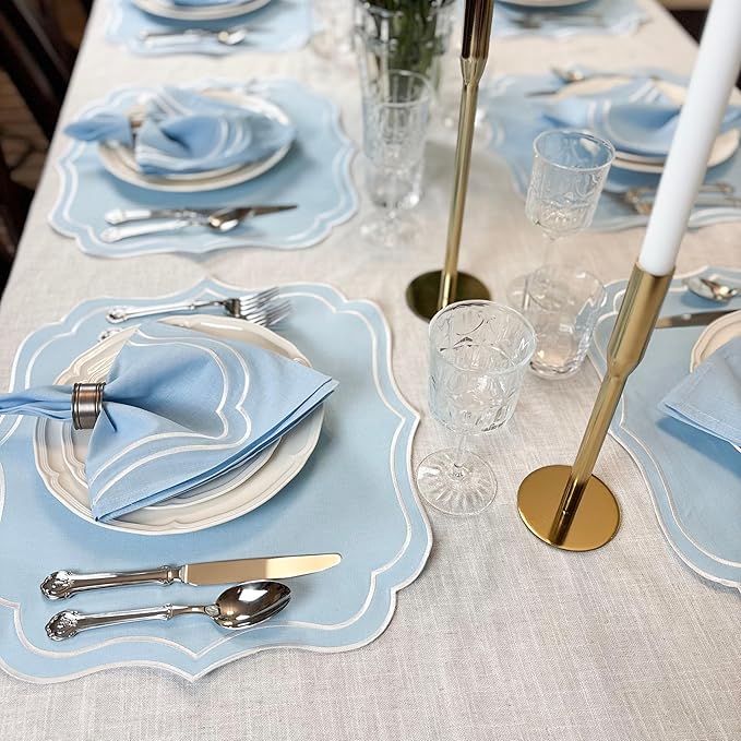 Cotton Linen Placemats Set of 4 - Double Layered, Machine Washable, Scalloped & Embroidered Cloth Table Mats - Wedding, Spring, Summer Mat, 19 x 17 inch, Light Blue
