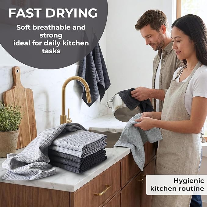 Highly Absorbent Cotton Dish Towels for Drying - Set of 3+3 - Light Gray + Dark Gray Kitchen Towels - 18"X28" Lint Free Waffle Weave Cloth Linen Hand Bathroom Bulk Dishtowels