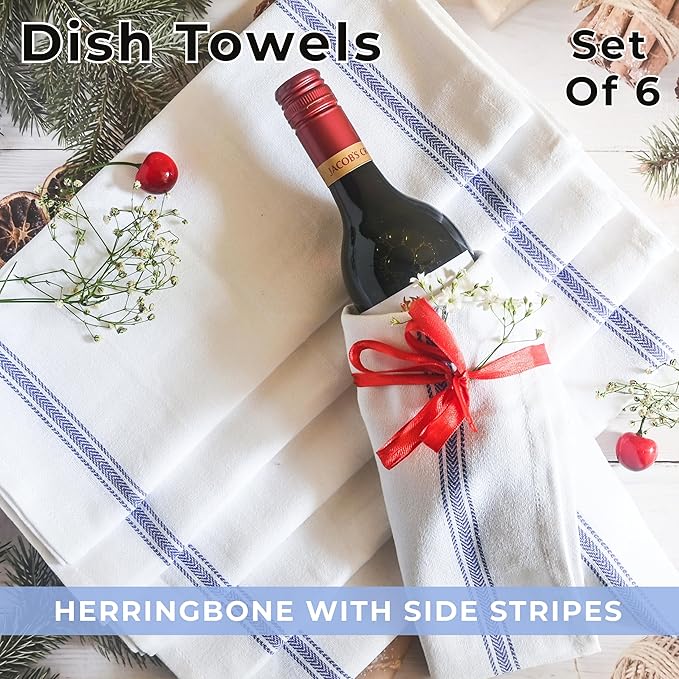 Bulk Kitchen Towels Cotton for Chefs in Commercial Restaurants - 15"X25" - 6 Pack - White Linen Tea Dish Towels - Lint Free Soft Absorbent Side Blue Striped Herringbone Weave Towles