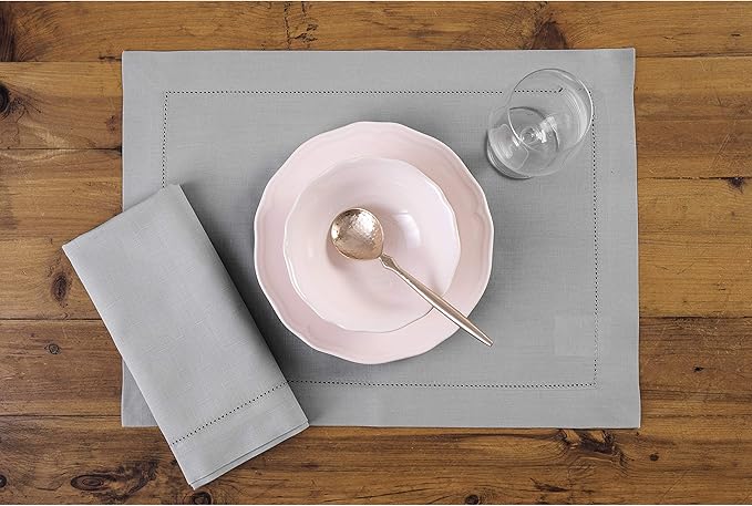 Solino Home Light Grey Placemats Set of 4 - Cotton Linen Hemstitch Placemats 14 x 19 Inch for Spring, Summer, Mothers Day