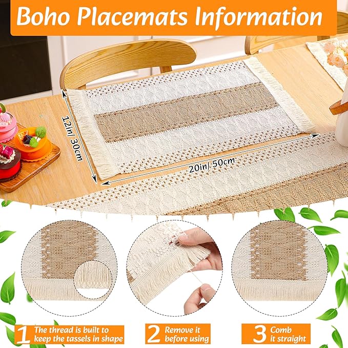 Boho Placemats 4/6/8 Set of Round Woven Placemat Macrame Style Bicolor Stitching Long Table Runner Farmhouse Rustic Natural Burlap Cotton for Kitchen Dining Table(6 Sets,Brown,12x72)