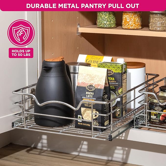 HOLDN’ STORAGE Heavy-Duty Premium Collection Pull Out Cabinet Organizer – Cabinet Drawer Slide Outs –Lifetime Limited Warranty – Basket Size 11" W x 21" D x 5" H, Anti-Rust Chrome Finish