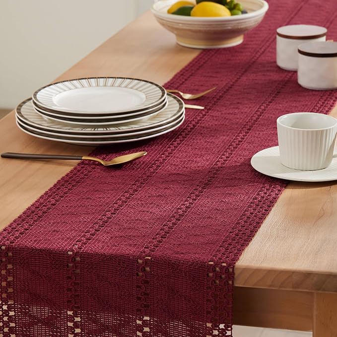 ZeeMart Macrame Style Boho Table Runner, Burgundy Red Table Runners 108 Inches Long, Farmhouse Woven Home Decor, 12x108 Inch, Burgundy