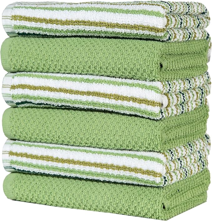 Sage 16'x 26' Cotton Kitchen Towels - 6 Pack | Popcorn Stripe Design | 400 GSM Highly Absorbent Tea Towels Set with Hanging Loop