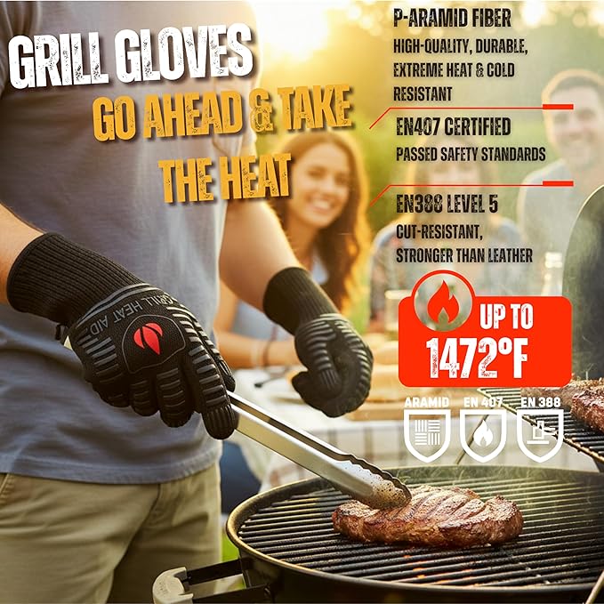 GRILL HEAT AID Extreme Heat Resistant BBQ Gloves - 1472°F Grill Gloves Heat Proof for Men EN407 Certified Fireproof Grilling Gloves for Fire Pit & Smoker, High Temp Grill Mitts for Outdoor Pizza Oven
