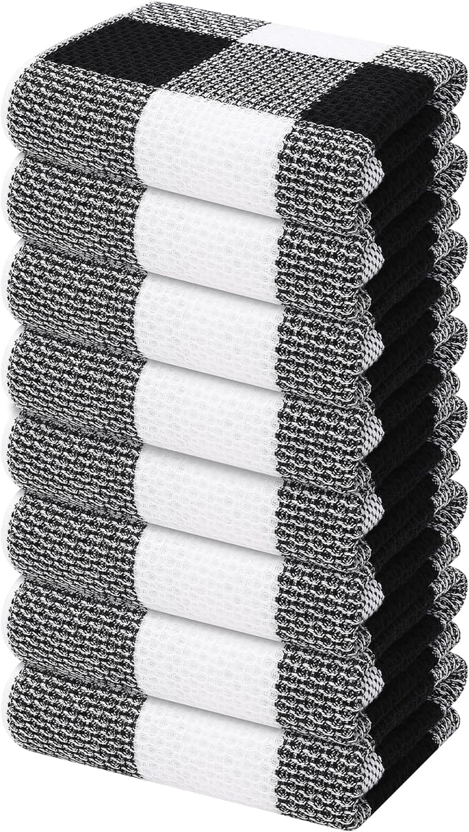Mordimy 100% Cotton Waffle Weave Kitchen Towels, 13 x 28 Inches, Super Soft and Absorbent Buffalo Check Dish Towels for Drying Dishes, 8-Pack, Black & White