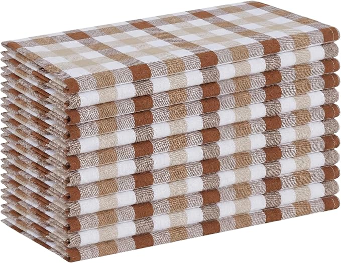 Gingham Check Napkins 12 Pack, 18x18 Inches, Reusable Table Linens, Washable Cloth Dinner Napkins for Rustic Dining, Celebrations, Stylish and Functional - Brown, White, Beige