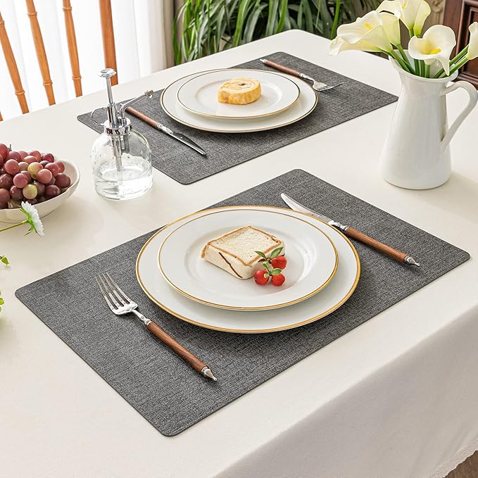 Romanstile Vinyl Placemats Set of 6-12x17 Inch, Reversible Waterproof Washable Non Slip Table Mats, Faux Leather Heat Resistant Wipeable Table Placemats for Dining/Party/Indoor/Outdoor, Dark Grey