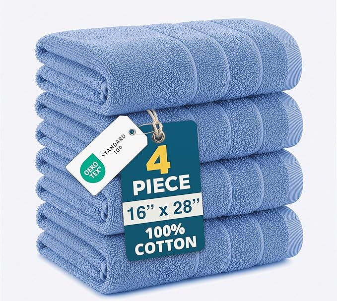 CASA PLATINO Bath Hand Towels for Bathroom - Pack of 4 (16"x28"), 100% Cotton Hand Towel - Soft, Durable, Quick Dry & Highly Absorbent - Hotel Quality Face Towels for Salons & Home Use - Cerulean Blue