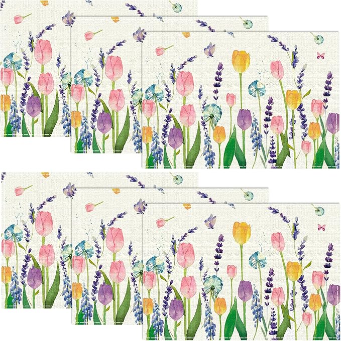 Niviy Floral Spring Placemats Set of 6, Easter Placemats Tulip Butterfly Table Mats Spring Table Decorations for Home Party 12x18 Inch