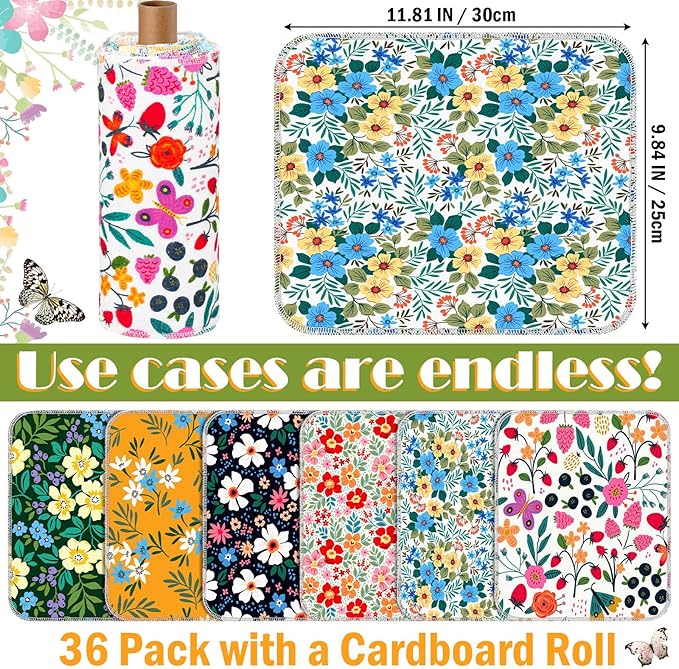 Redbaker 30 Pcs Reusable Paper Towels Rolls Kitchen Towels Bulk Washable Paperless Cloth Cotton Hand Napkins with Cardboard Reusable Napkins for Kitchen Bathroom(Floral,10 x 12 in)