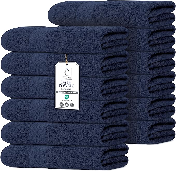 Commercial Bulk Pack of 12 Small Bath Towels – 100% Cotton Terry 24" x 46" – Ideal for Hotels, Salons, Gyms, Spas & Institutional Use – Navy Blue