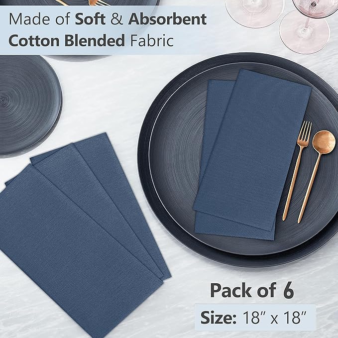 Ruvanti Cloth Napkins Set of 6, 18x18 Inches Napkins Cloth Washable, Soft, Durable, Absorbent, Cotton Blend. Table Dinner Napkins Cloth for Hotel, Lunch, Restaurant, Wedding Parties - Ocean Blue