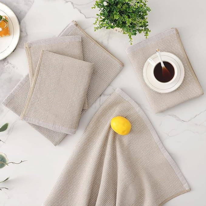 Mordimy Premium Kitchen Towels 12 Pack (18 x 28 Inches, Khaki), Large Cotton Kitchen Hand Towel, Flat & Terry Dish Towels for Drying Dishes, Super Absorbent Tea Dishtowels Set with Hanging Loop