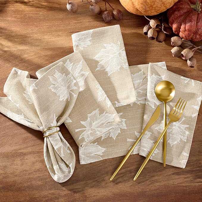 Elrene Home Fashions Falling Leaves Jacquard Cotton Dinner Napkins, Set of 8, 17"x17", Taupe