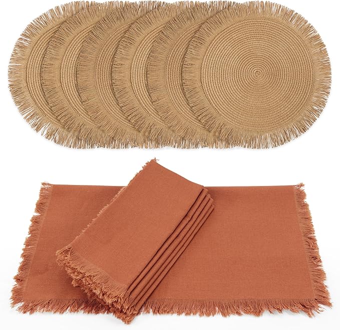 Decorative Boho Table Placemats Set of 6 with Matching Linen-Textured Napkins - Beautiful Natural Decor Elevates Your Dining Room or Kitchen Setting - Easy to Style & Mix with Linen Inspired Material