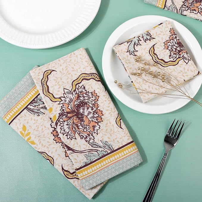 FINGERCRAFT Cloth Napkins, Set of 12 Cotton Linen Blend Printed Dinner Napkins Cloth Mitered Corner Perfect for Parties Dinners Weddings Cocktail Christmas Easter 20x20 Royal Bloom