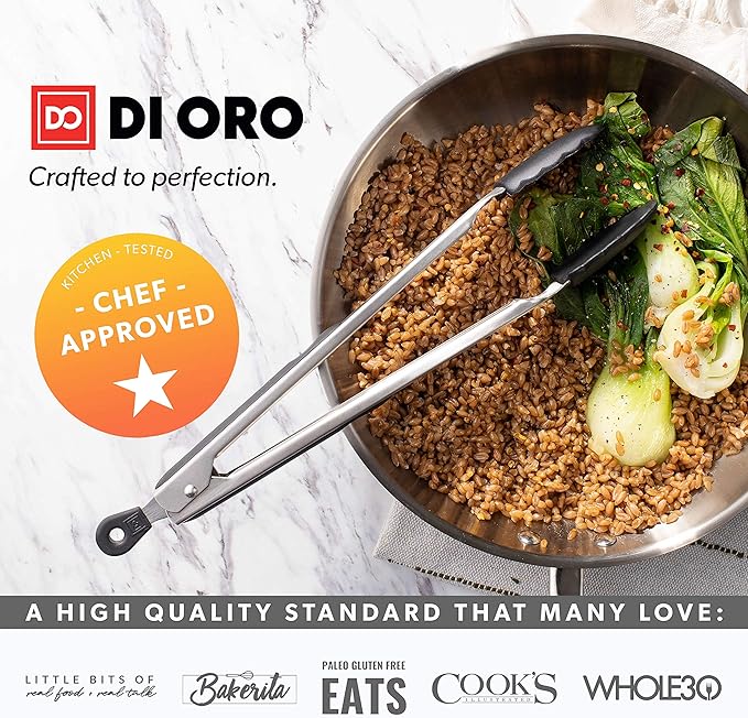New DI ORO 9-Inch Kitchen Tongs – Stainless Steel with Non-Stick 480°F Heat-Resistant BPA Free Silicone Tips – Great Tool for Cooking, Serving, and Barbecuing - Dishwasher Safe and Easy to Clean Black