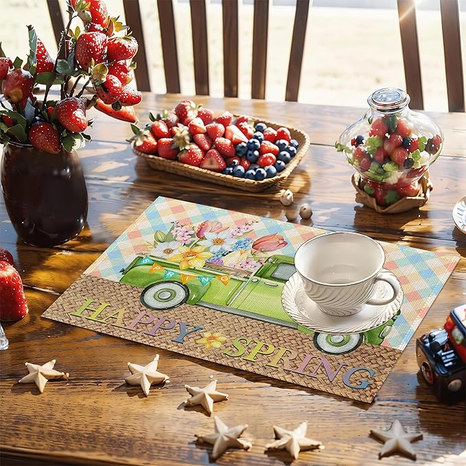 Pink Blue Truck Flowers Placemats,Happy Spring Table Mats Set of 6,12x18 Inch,Waterproof Oil-Proof Washable and Reusable Linen placemats Holiday Party Kitchen Table Decorations