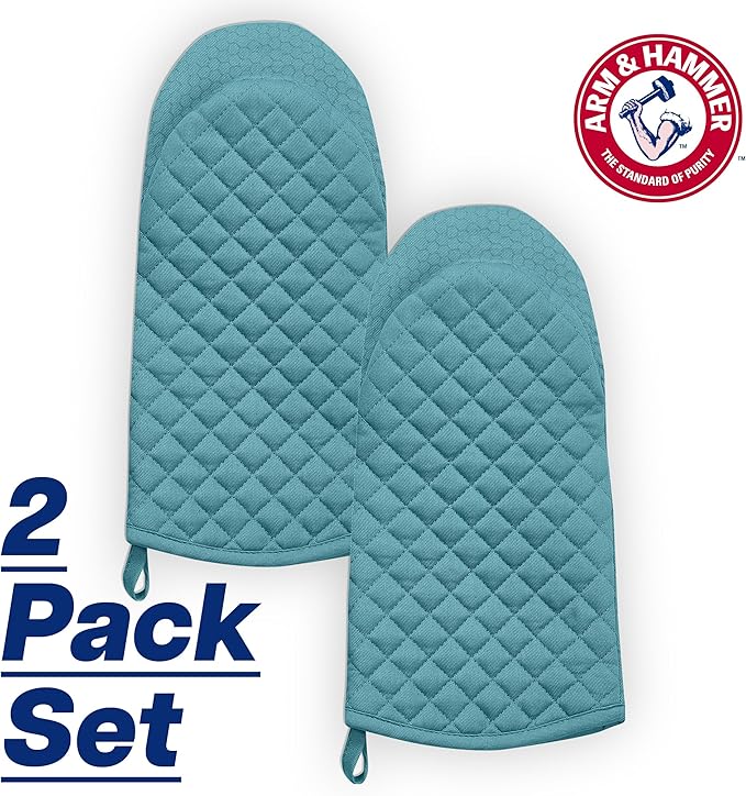 Arm & Hammer Quilted Oven Mitts, Heat Resistant, Non-Slip Silicone Grip, 2 Pack, Teal