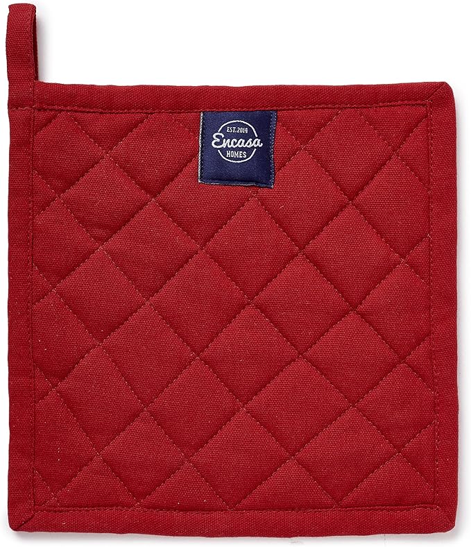 Encasa XO Heat Resistant Cotton Pot Holders with Hanging Loop - Set of 2 - Red - Multipurpose Quilted Everyday Hot Pad for Kitchen, Camping, BBQ & Microwave - 8x8 in