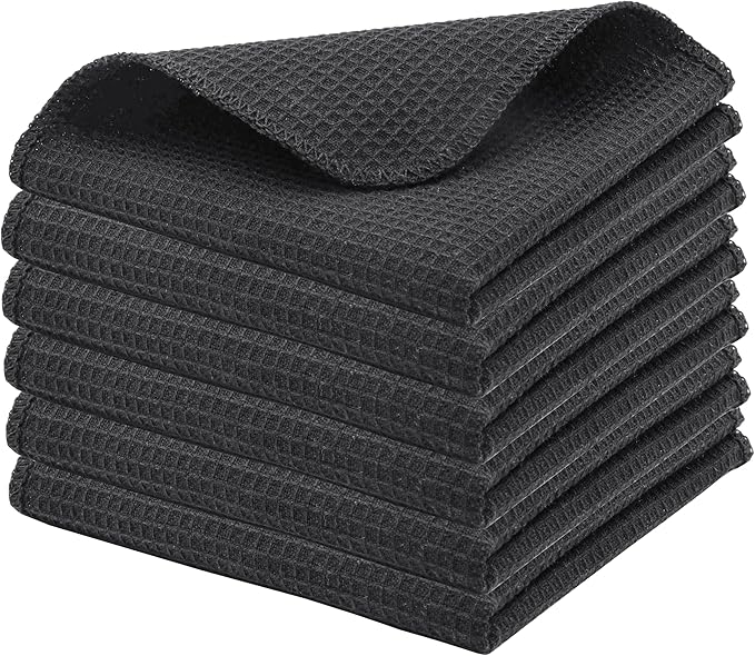 PurpleEssences Dish Cloths and Dish Rags - 6 Pack Waffle Weave Solid Kitchen Dish Wash Cloths, 100% Cotton, 12x12 Inches, Ultra Soft Absorbent Quick Drying - Spring Easter Summer - Dark Grey