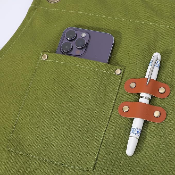 AFUN Chef Aprons for Women Men with Oversized Pockets, 12-Ounce Cotton Canvas Cross Back Water Repellent Apron (Army Green)