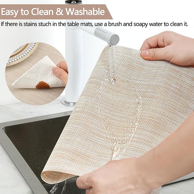 SLKQG Beige Placemats Set of 8 - Easy Clean Washable Vinyl Placemats - Wipeable Heat Resistant Table Mats for Dining Table - 17.7x11.8 Inch (8, Beige)