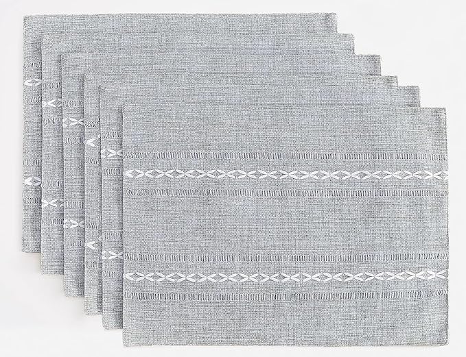 Wracra Cotton Linen Placemats, 12 x 18 Inch Set of 6 Placemats Rustic Hemstitch Place Mats for Kitchen Table and Heat Resistant-Hemstitch Grey