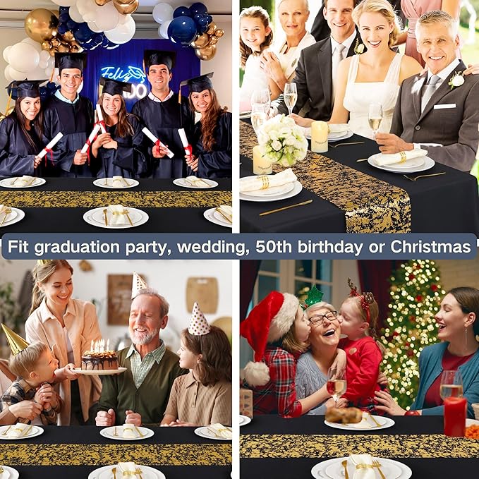 Snowkingdom 2 Pcs Black and Gold Table Runner, 11 x 108 Inch Gold Metallic Foil Glitter Runners for Party, Table Centerpieces Decorations for Birthday Wedding Graduation Fall Thanksgiving Christmas
