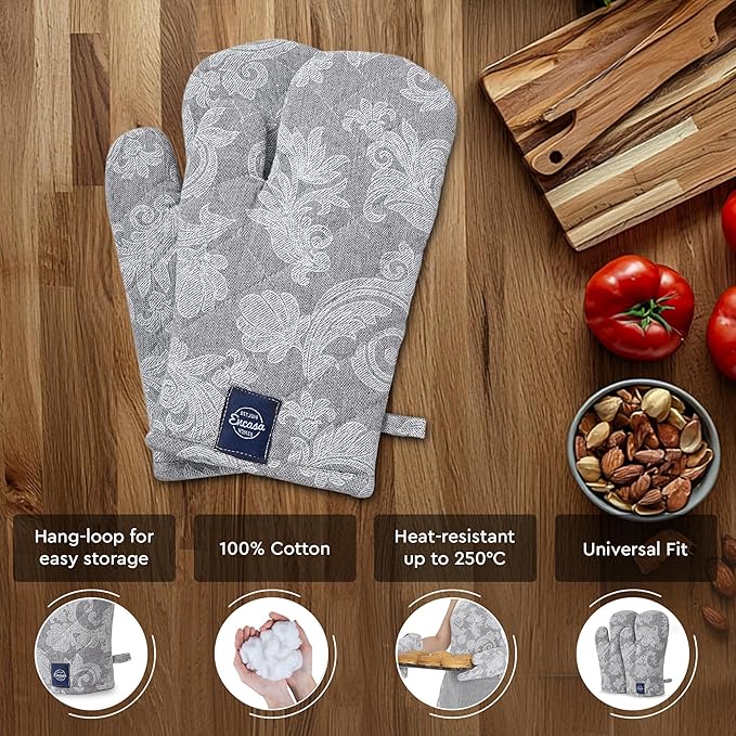 Encasa XO Oven Gloves Heat Resistant | Microwave Cooking Mittens for Baking & Kitchen Use | 12x7 in | Cotton Utensil Holder - Chambray Fabric (Pack of 2, Grey)