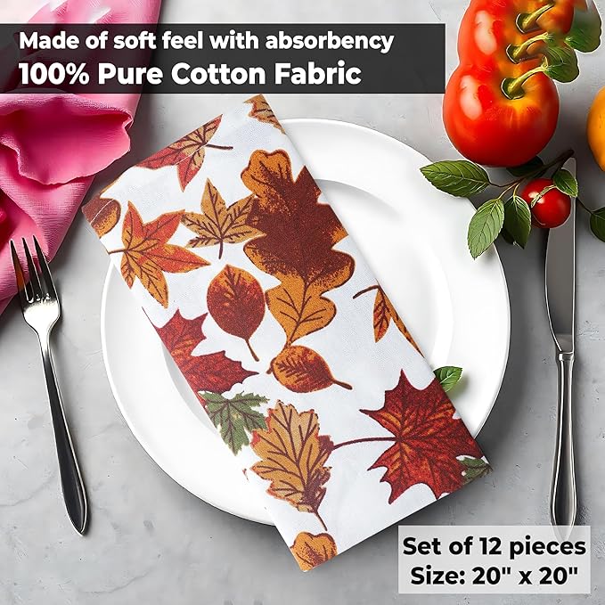 Urban Villa Cloth Napkins Set of 12 (20x20)100% Cotton Napkins Cloth Washable Durable Reusable Absorbent Table Dinner Napkins Cloth for Farmhouse Party Hotel Lunch Restaurant Everyday Use-Leaves Print