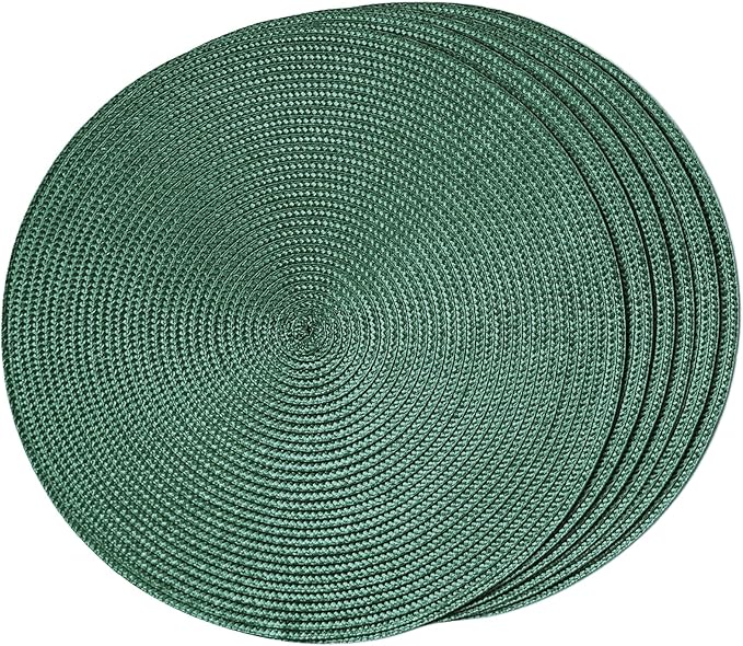 FunWheat Round Braided Placemats Set of 6 Table Mats for Dining Tables Woven Washable Non-Slip Place mats 15 inch(Black Green, 6pcs)