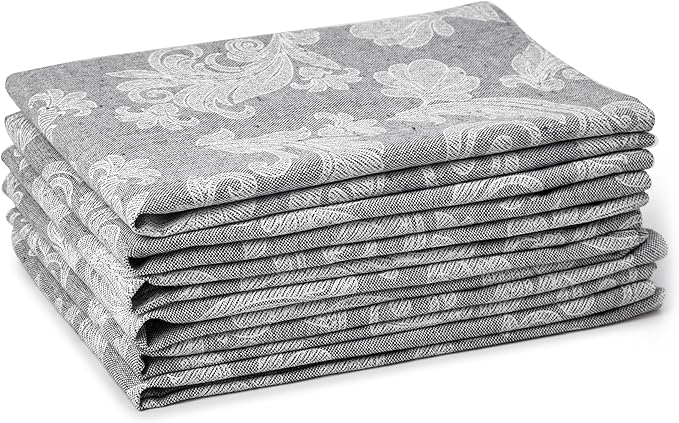Encasa XO Grey Cloth Napkins Set of 6, 18x18 in | Floral Jacquard Homespun Cotton Dinner Napkins | Washable & Reusable Wedding Napkins for Holiday Dining, Parties, & Everyday Table Décor