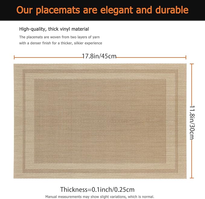 Placemats Set of 8 Washable&Wipeable Place mats for Dining Table Kitchen Indoor Outdoor Table Mats Heat Resistant Non Slip Woven Vinyl Table Placemats (Khaki，8PCS)