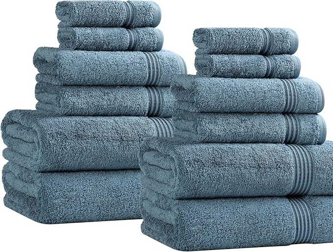 Superior Egyptian Cotton 12-Piece Towel Set, Assorted Towels for Home Bathroom, Guest Bath Decor Essentials, Includes 4 Bath, 4 Hand, 4 Face Towels/Washcloths, Quick Dry, Absorbent - Sapphire