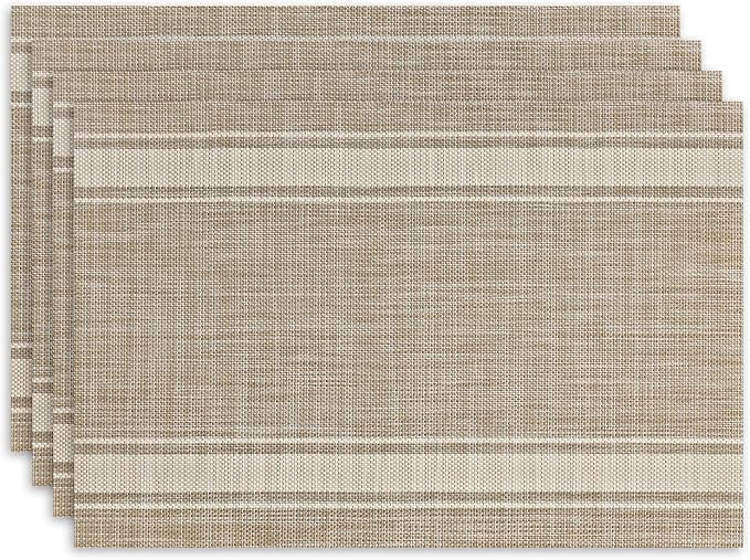 Beige Linen Placemats Set of 4, Classic Rectangle Table Mats, Linen Fabric Placemat for Indoor & Outdoor Kitchen Dining Home Decor, 12 x 18 Inch -06