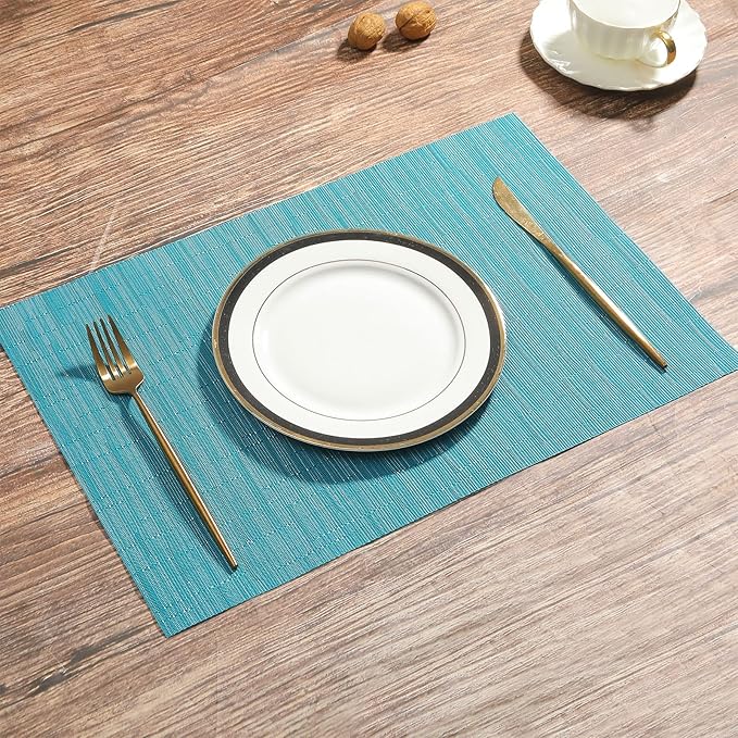SHACOS Woven Vinyl Placemats Set of 4 Non Slip Heat Resistant Place Mats Durable PVC Stain Resistant Wipe Clean Indoor Outdoor Table Mats (4, Teal Blue)
